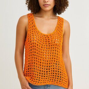 Orange Crochet Tank Top – Bold Summer Statement Mesh Top Handmade Size M